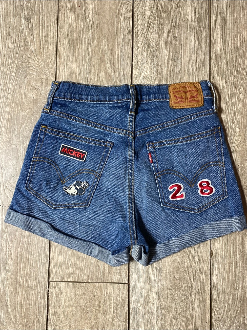 Levi's Womens 26 Button Fly Denim Jean Shorts High Rise Mickey Mouse Patches